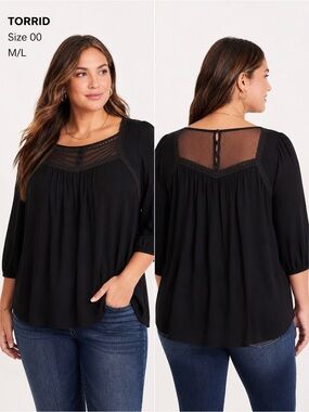 Torrid Black Lace Mesh Peasant Blouse Size 00 M/L Boho Top